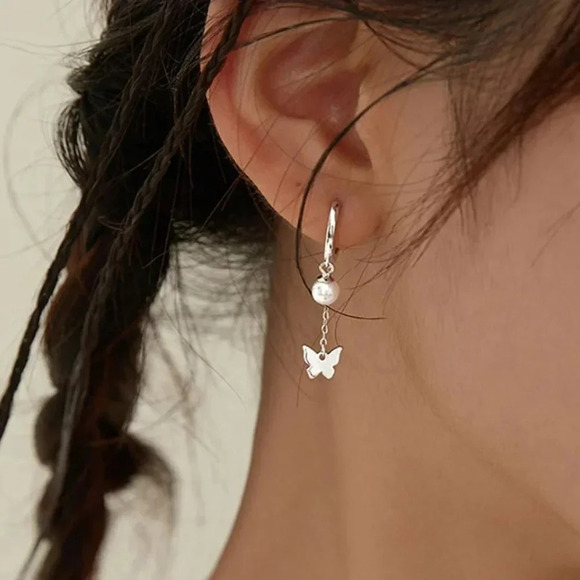 925 Sterling Silver Butterfly Dangle Drop Earrings Butterfly Pearl Hoop Huggies - Picture 1 of 4